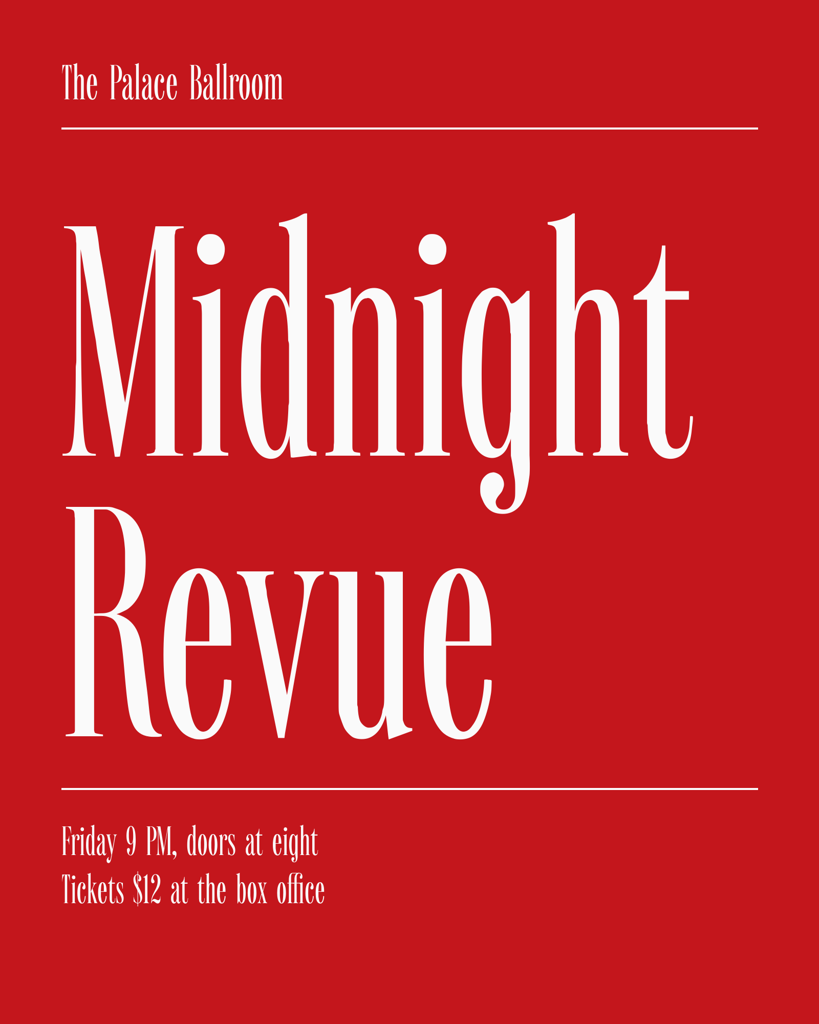 Veilcourt playbill for a Midnight Revue at the Palace Ballroom, white on red