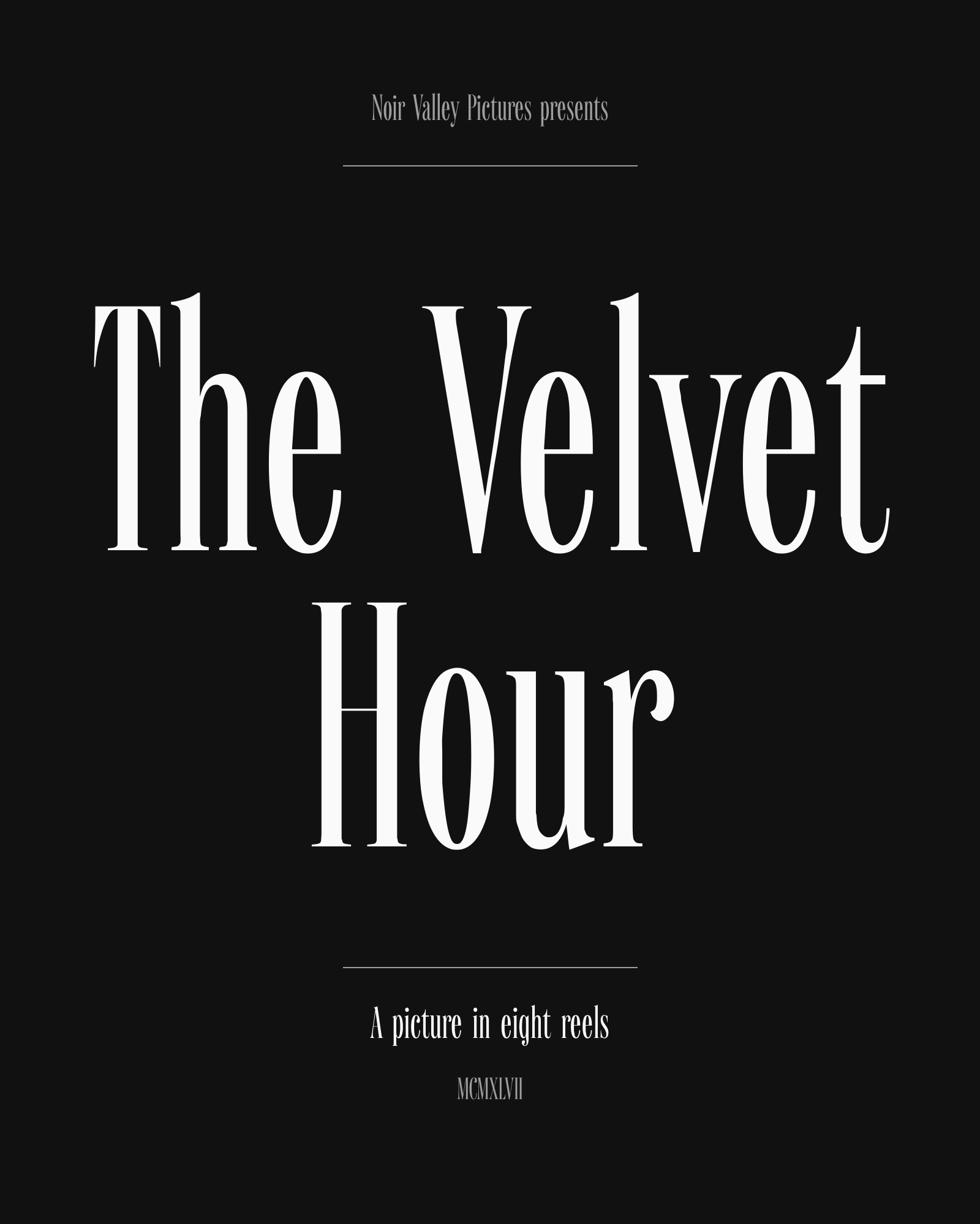 Veilcourt film title card reading The Velvet Hour in white on black